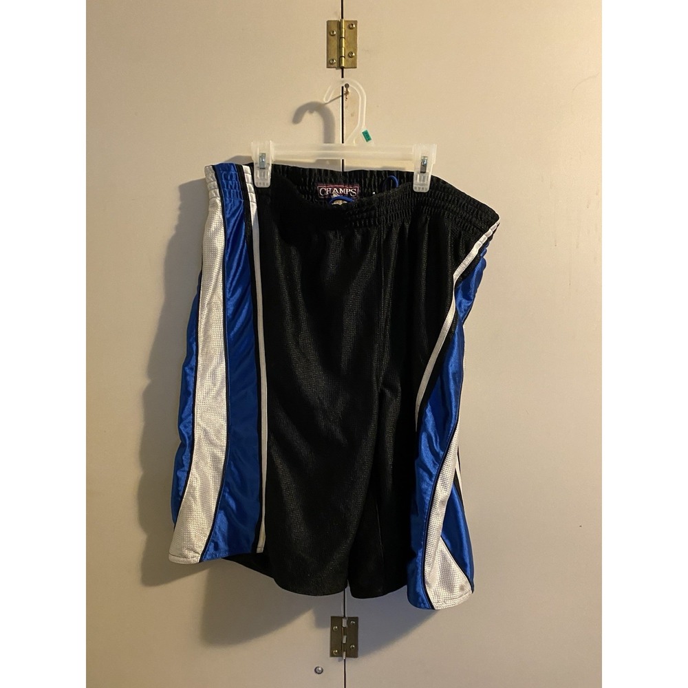 Vintage Champs Mesh Basketball Shorts L Black Blue White Dazzle Stripe Baggy Y2K